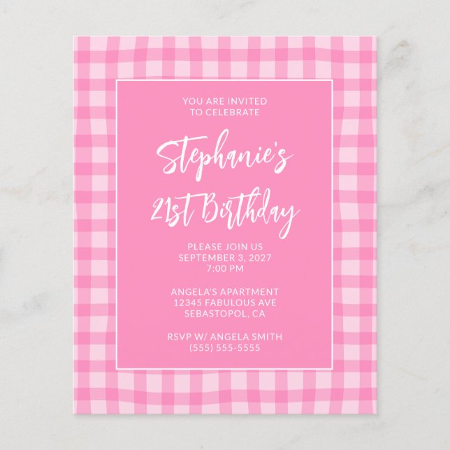 Vågig Rosa Sommar Gingham Djärv 21-årsdag Flygblad (Framsidan)