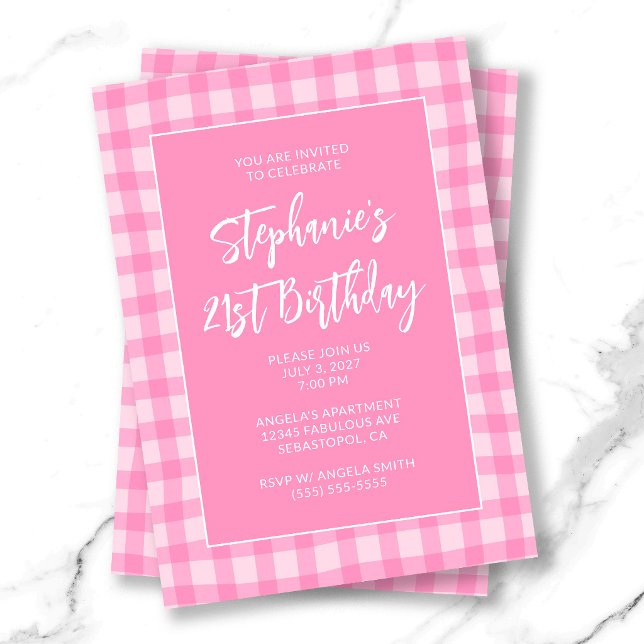 Vågig Rosa Sommar Gingham Djärv 21-årsdag Inbjudningar (Wavy Pink Summer Gingham Bold 21st Birthday Invitation)