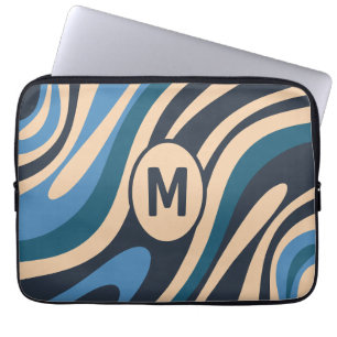 Vågiga slingor Retro Abstrakt Mönster Initial Blå Laptop Fodral