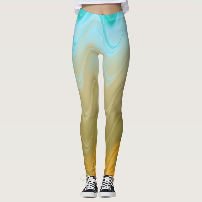 Vågigt Abstrakten Orange för blå Grönt Leggings (Framsida)