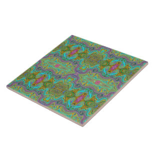 Vågigt Aqua Blue och Orange Trippy Mönster Kakelplatta