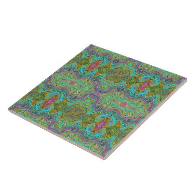 Vågigt Aqua Blue och Orange Trippy Mönster Kakelplatta (Sidan)