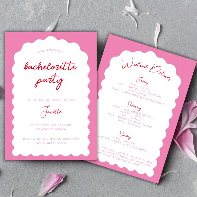 Vågigt Arch Rosa och Red Modern Bachelorette Helg Inbjudningar (Wavy Arch Pink And Red Modern Bachelorette Weekend Invitation)