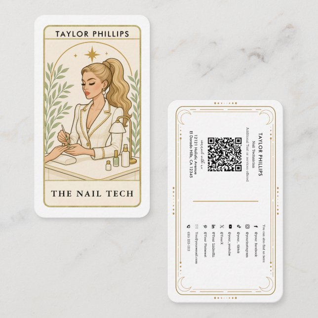 Vågigt Blonde Nagel Tech Tarot Social Media QR Visitkort (Fram/baksida)