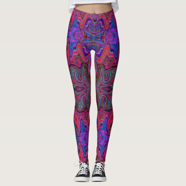 Vågigt Blue och Rainbow Red Trippy Mönster Leggings (Framsida)