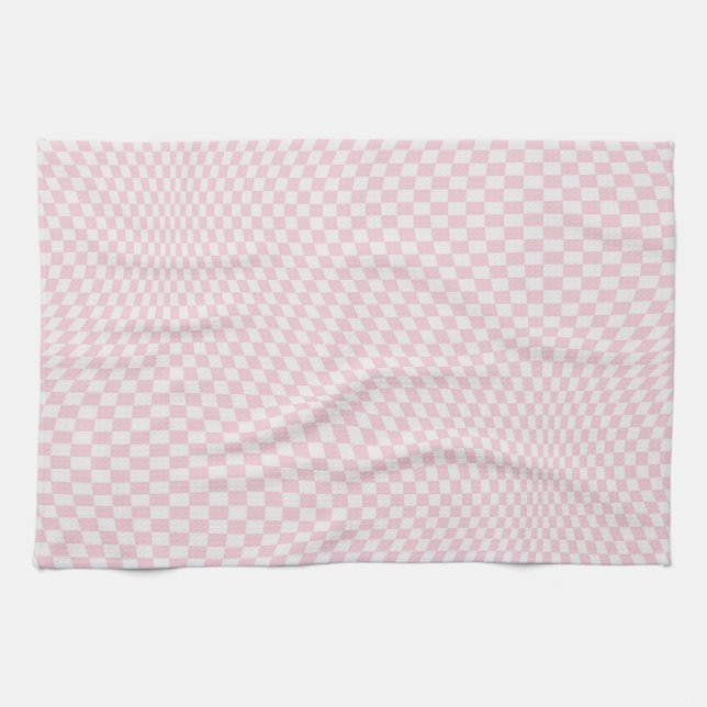 Vågigt Checkered Pastel Rosa Checkerboard Mönster Kökshandduk (Horisontell)