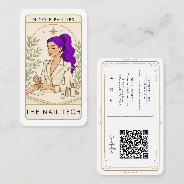 Vågigt Cosmic Lila Hair Nagel Tech Social Media QR Visitkort (Fram/baksida)