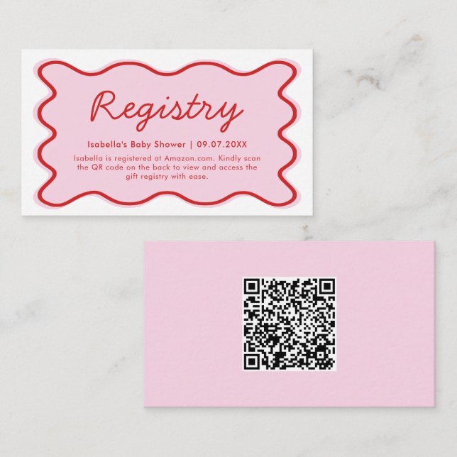 Vågigt Curvy Rosa Red Baby Shower Registry QR-kod Tilläggskort (Fram/baksida)
