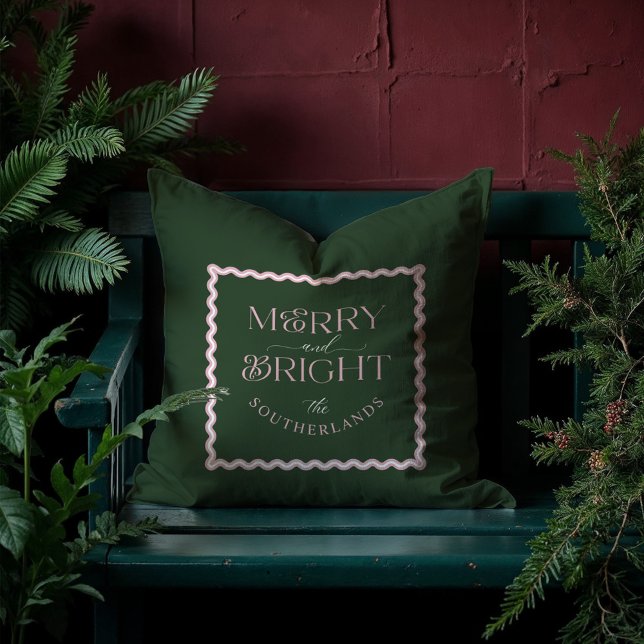 Vågigt Foto för Merry & Bright Modern Grönt Rosa R Kudde (Merry & Bright Modern Green Pink Retro Wavy Photo Throw Pillow)