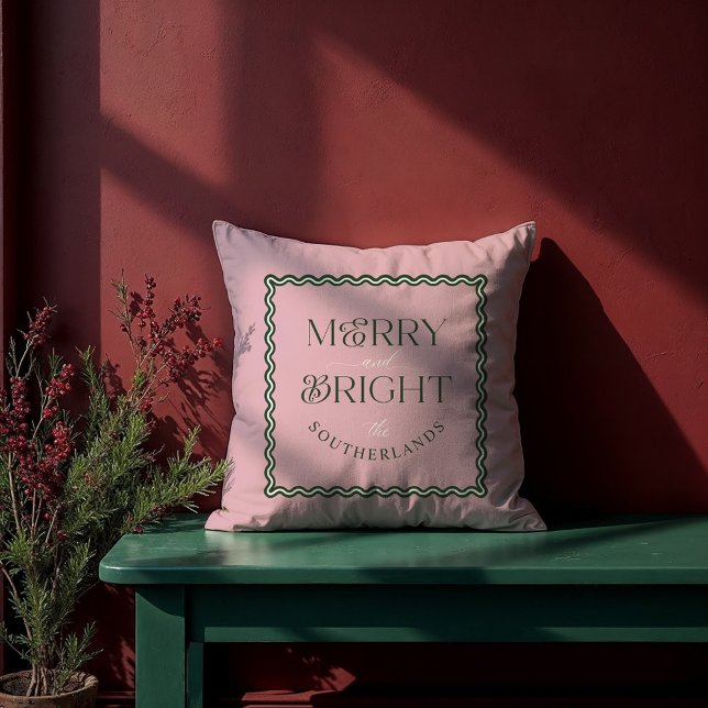 Vågigt Foto för Merry & Bright Modern Grönt Rosa R Kudde (Merry & Bright Modern Green Pink Retro Wavy Photo Throw Pillow)