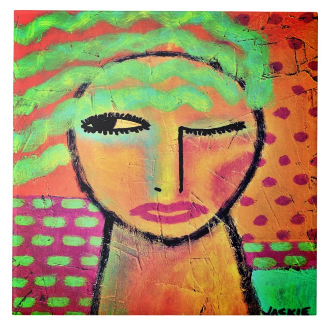 Vågigt Grönt Hair Abstrakt Porträtt i en kvinna Kakelplatta (Framsidan)