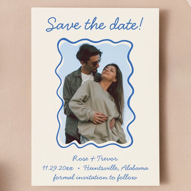 Vågigt Hand plockade Blue Gräns Spara datumfoto Inbjudningar (blue and cream quirky whimsical hand drawn wavy border save the date with QR code on back modern)