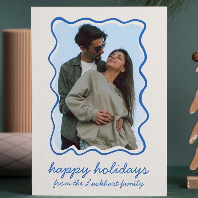 Vågigt Hand plockade Funky Whimsical Gräns Photo Julkort (wavy doodle hand drawn border photo holiday christmas card modern whimsical funky eclectic fun cute)