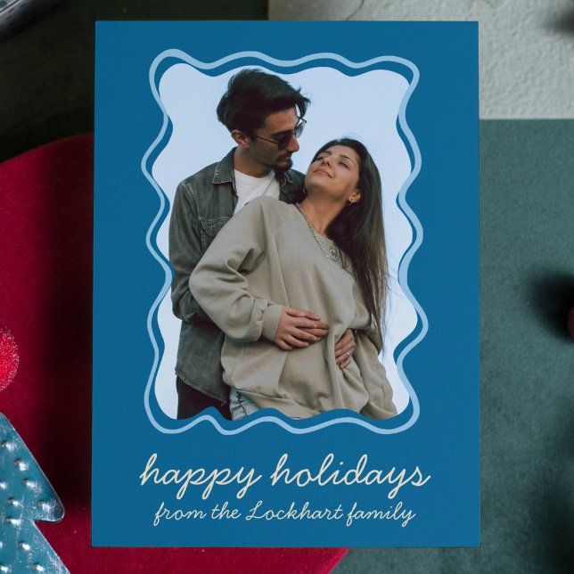 Vågigt Hand plockade Funky Whimsical Gräns Photo Julkort (blue wavy border photo holiday Hanukkah card cute modern whimsical hand drawn funky minimalist)