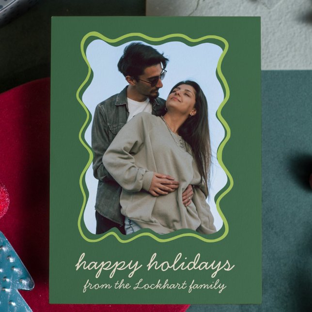 Vågigt Hand plockade Funky Whimsical Gräns Photo Julkort (wavy hand drawn boarder photo holiday christmas card modern whimsical )