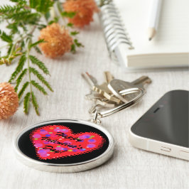 Vågigt hjärthjärtans dag och cirkel - nyckelkedja rund silverfärgad nyckelring