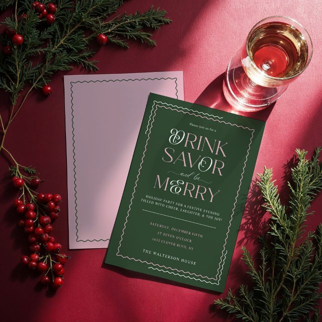 Vågigt Julfest för Drink Savor och Be Merry Retro Inbjudningar (Drink Savor and Be Merry Retro Wavy Holiday Party Invitation)