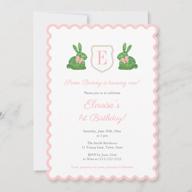 Vågigt Kant lite bunny är en första födelsedag Par Inbjudningar (Framsida)
