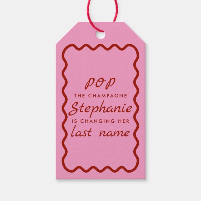 Vågigt Kant Rosa och Red Pop Champagne Presentetikett (Framsidan)