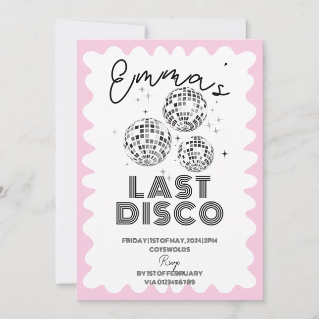 Vågigt Last Disco Bachelorette Party Hen Itinerary Inbjudningar (Framsida)