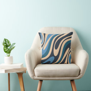 Vågigt Loops Retro Abstrakt Mönster Blue and Beige Kudde
