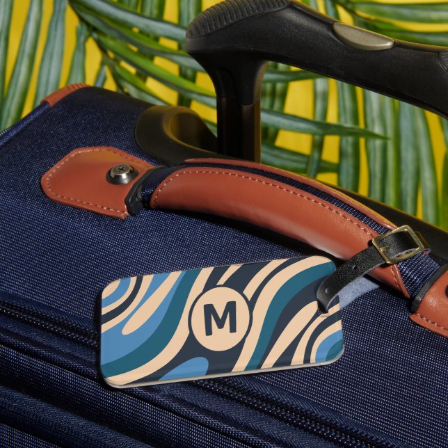 Vågigt Loops Retro Abstrakt Mönster Initial Blue Bagagebricka (Framsida Insitu 3)
