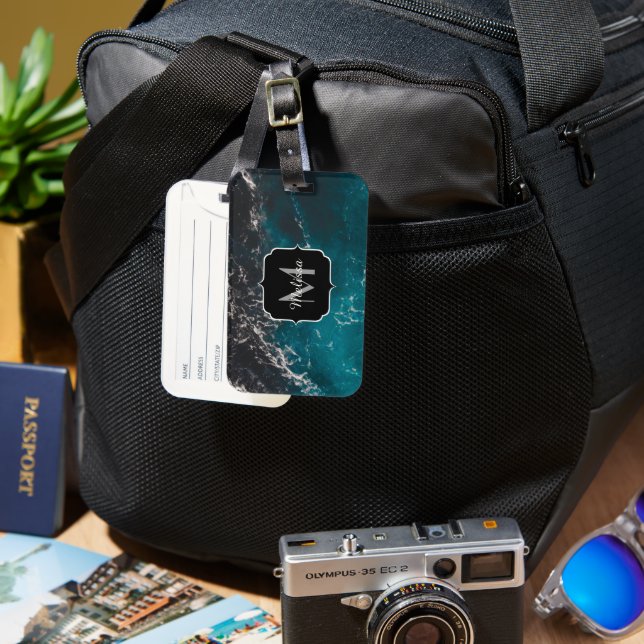 Vågigt marmelad (blåsvart) marmelad (vatten) Monog Bagagebricka (Framsida & Baksida)