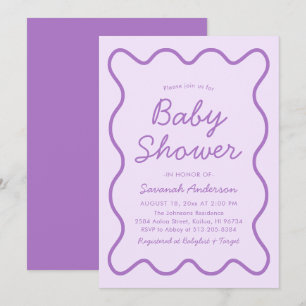 Vågigt Modern Curvy Bold Retro Lila Baby Shower Inbjudningar