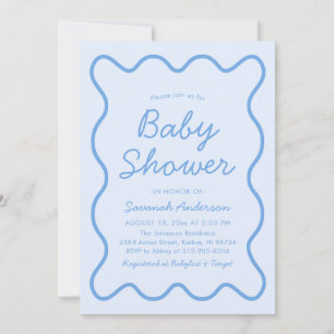Vågigt Modern Curvy Retro Boy Dusty Blue Shower Inbjudningar