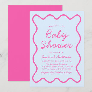 Vågigt Modern Curvy Retro Rosa Blue Baby Shower Inbjudningar