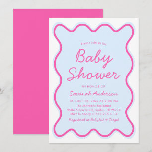 Vågigt Modern Curvy Retro Rosa Blue Baby Shower Inbjudningar