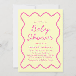 Vågigt Modern Curvy Retro Rosa Gult Baby Shower Inbjudningar