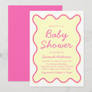 Vågigt Modern Curvy Retro Rosa Gult Baby Shower Inbjudningar