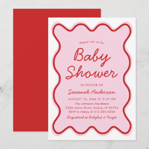 Vågigt Modern Curvy Retro Rosa och Red Baby Shower Inbjudningar