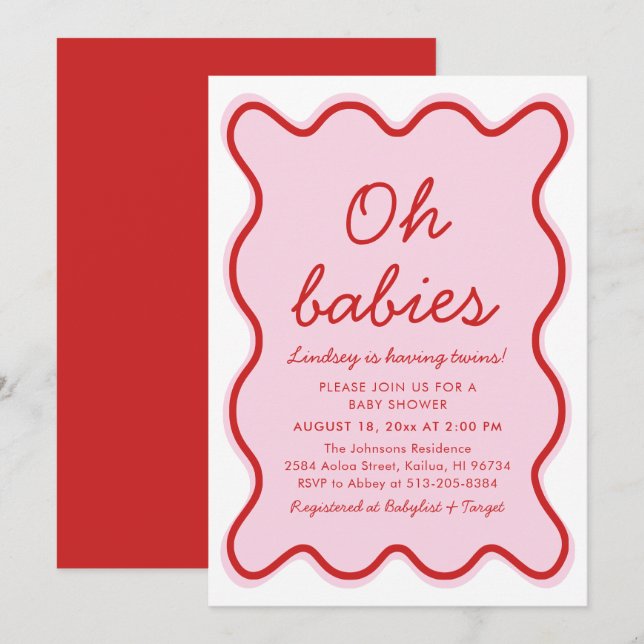 Vågigt Modern Curvy Retro Rosa och Red Baby Shower Inbjudningar (Fram/baksida)