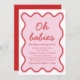 Vågigt Modern Curvy Retro Rosa och Red Baby Shower Inbjudningar