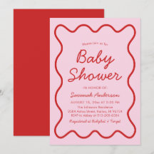 Vågigt Modern Curvy Retro Rosa och Red Baby Shower