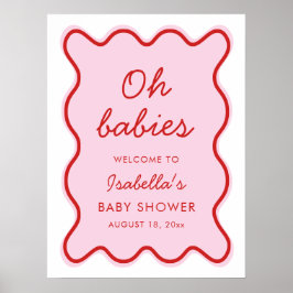 Vågigt Modern Curvy Retro Rosa och Red Baby Shower Poster