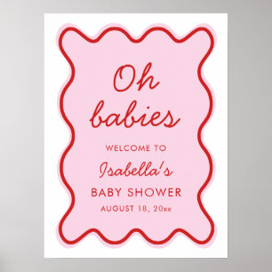 Vågigt Modern Curvy Retro Rosa och Red Baby Shower Poster