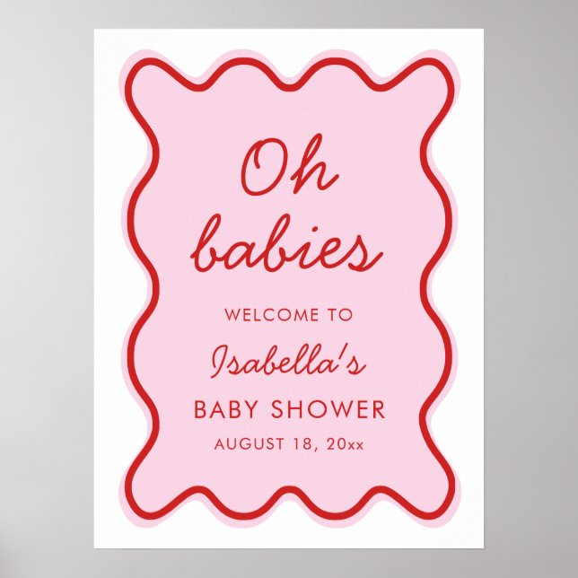 Vågigt Modern Curvy Retro Rosa och Red Baby Shower Poster (Framsidan)