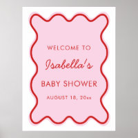 Vågigt Modern Curvy Retro Rosa och Red Baby Shower