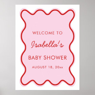 Vågigt Modern Curvy Retro Rosa och Red Baby Shower Poster