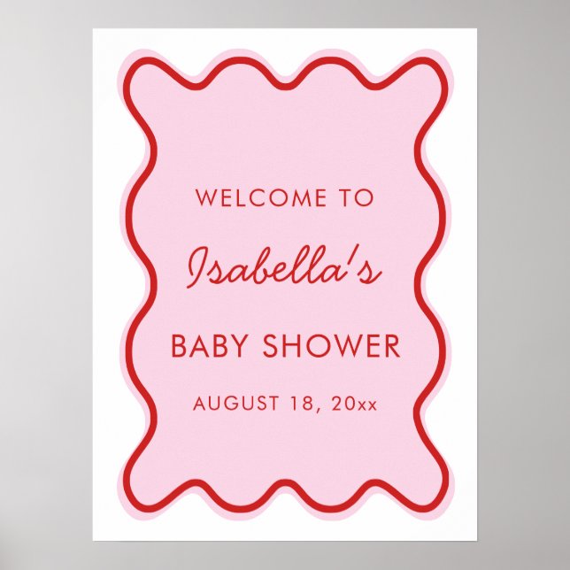 Vågigt Modern Curvy Retro Rosa och Red Baby Shower Poster (Framsidan)