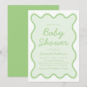 Vågigt Modern Curvy Retro Sage Grönt Baby Shower Inbjudningar