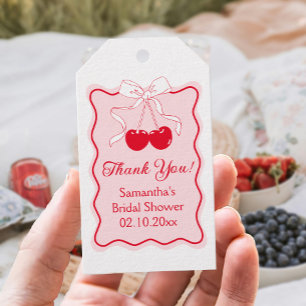 Vågigt Möhippa för Red Rosa Cherry Bow Presentetikett