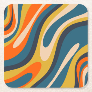 Vågigt Mönster Blue-Orangen Retro Abstrakt Underlägg Papper Kvadrat