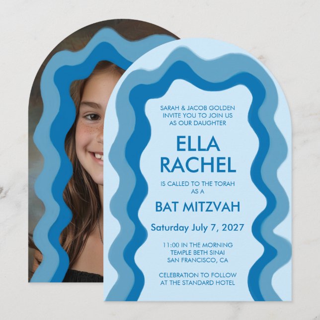 Vågigt Ram Arch Modern Anpassningsbar Photo BarBat Inbjudningar (Fram/baksida)