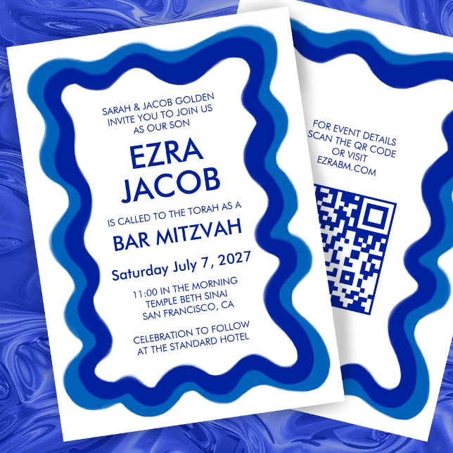 Vågigt Ram Modern Anpassningsbar QR CODE Pub Bat m Inbjudningar (Wavy Frame Modern Custom QR CODE Bar Bat Mitzvah Invitation
)