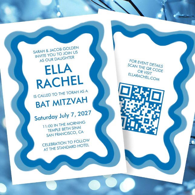 Vågigt Ram Modern Anpassningsbar QR CODE Pub Bat m Inbjudningar (Wavy Frame Modern Custom QR CODE Bar Bat Mitzvah Invitation
)
