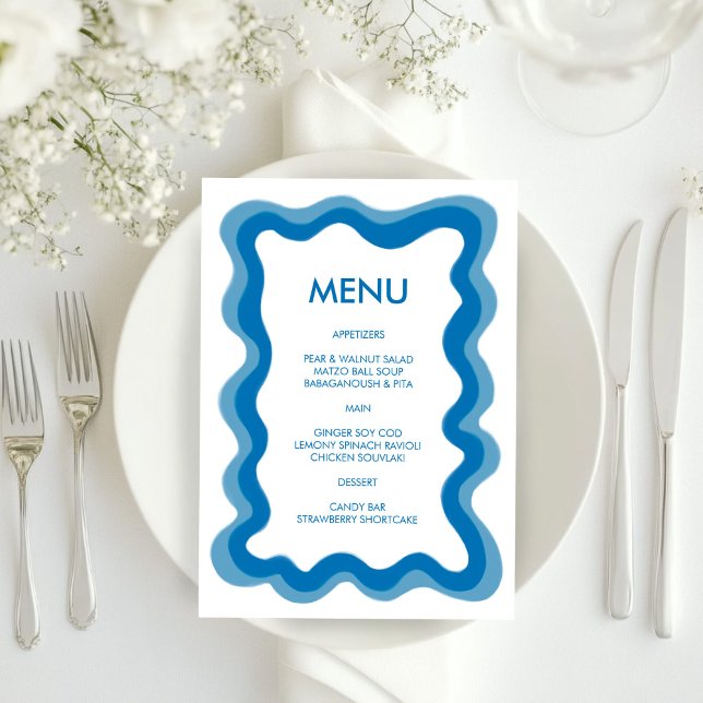 Vågigt Ram Modern Chic Blue Anpassningsbar Pub Bat Meny (Wavy Frame Modern Chic Blue Custom Bar Bat Mitzvah Menu
)